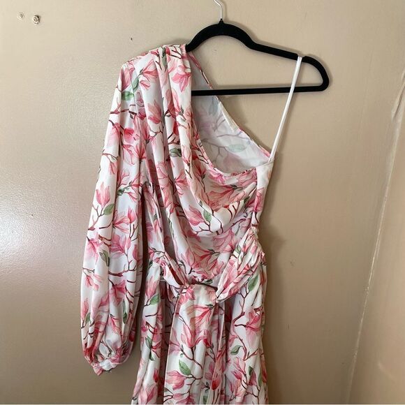 Bronx and Banco Layla mini dress pink floral print sash drape white Revolve L - Picture 12 of 13